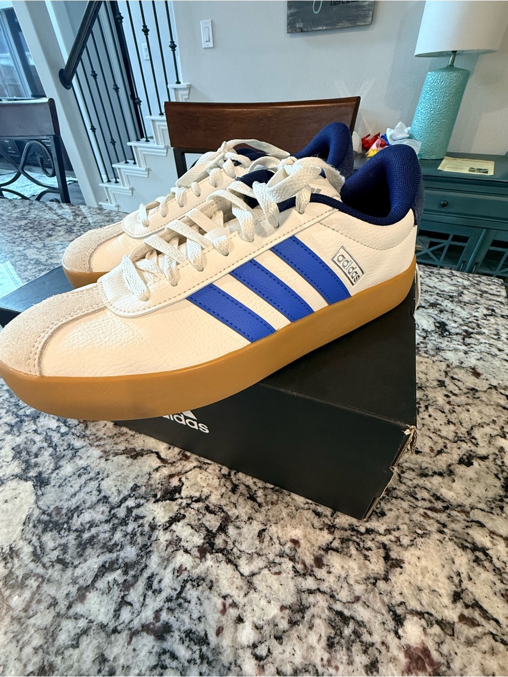 adidas White Sneakers with Blue Stripes and Gum Sole